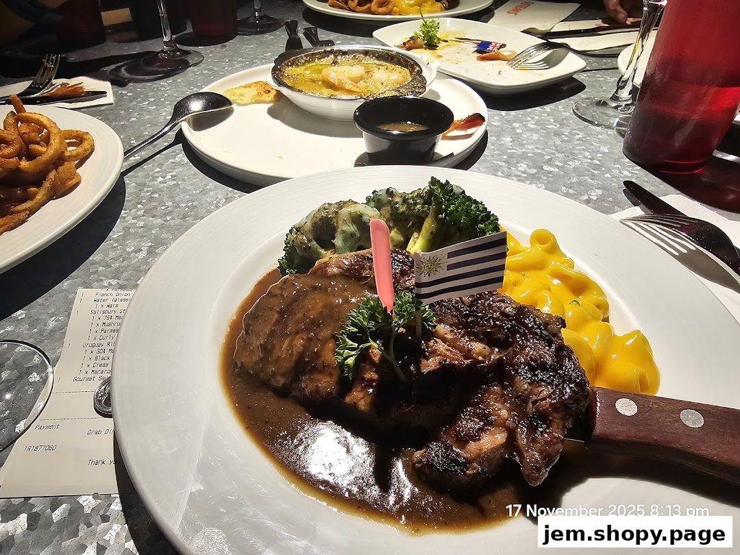 A steak dinner with sides of mac and cheese, broccoli, and curly fries.