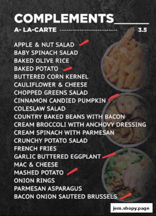 A menu listing various side dishes and complements from iSTEAKS Jem.