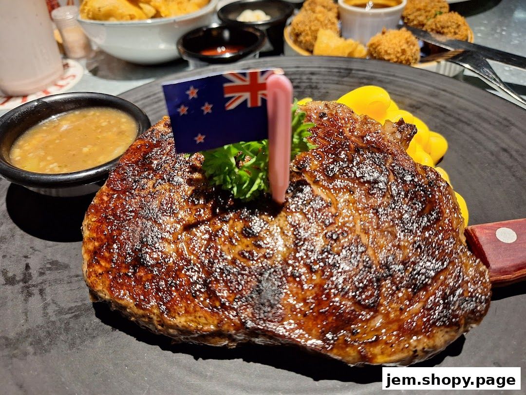 A juicy steak with a New Zealand flag and a side of sauce and corn.