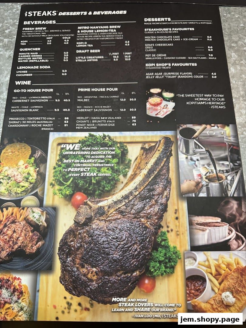 A menu from iSTEAKS featuring desserts, beverages, and wine selections.