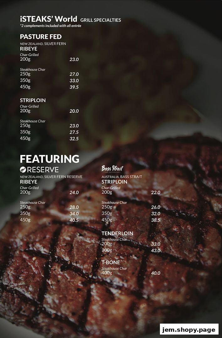 A menu from iSTEAKS' World featuring various cuts of beef with prices and descriptions.