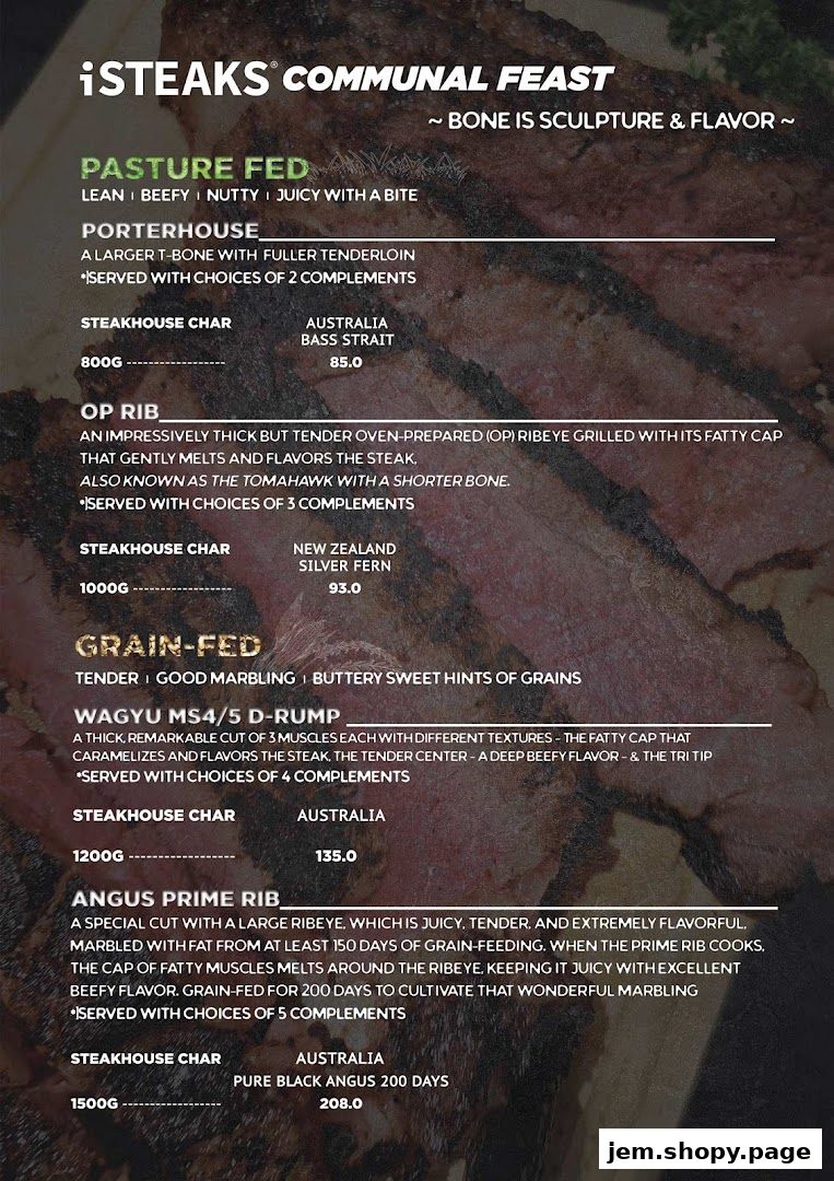 A menu from iSTEAKS showcasing various steak cuts and their descriptions.