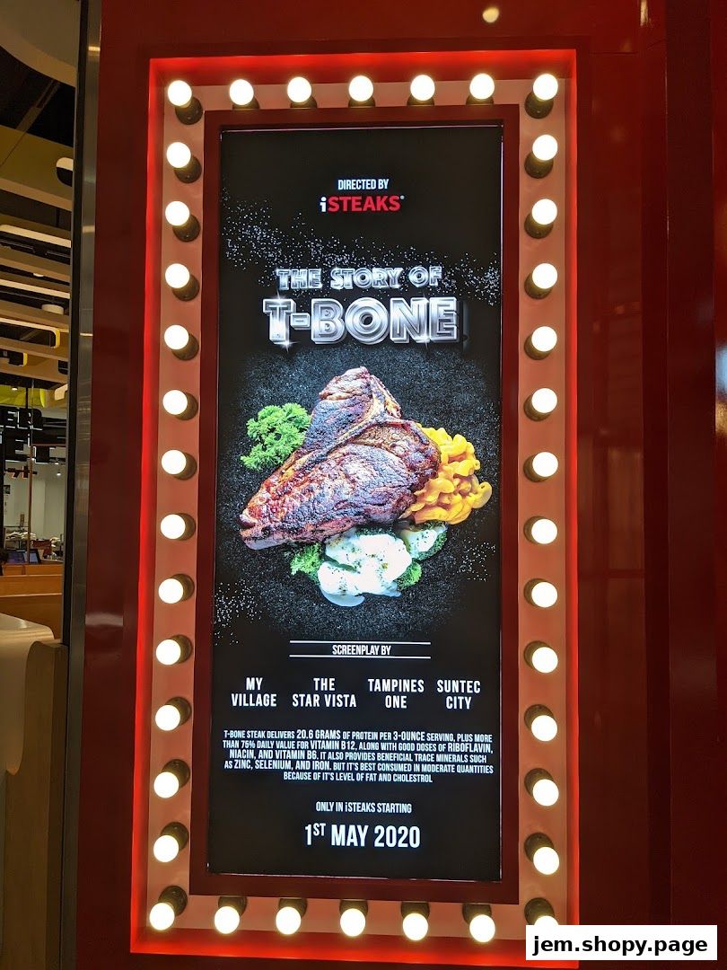 A digital advertisement for iSTEAKS featuring a T-bone steak and nutritional information.