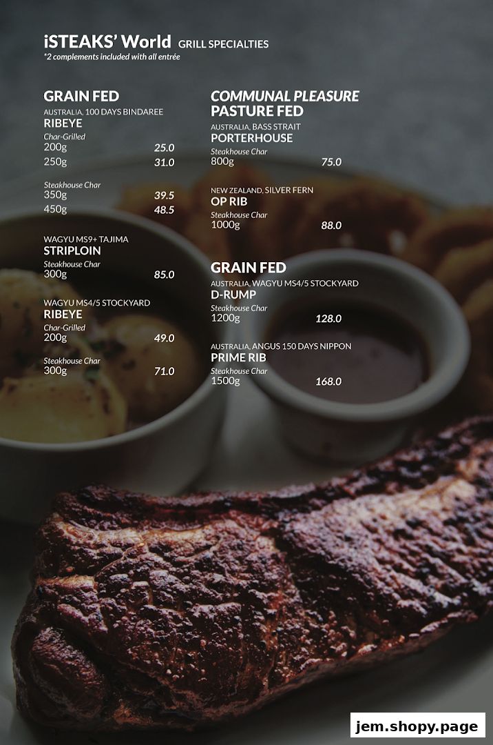 A menu from iSTEAKS' World featuring various grain-fed and pasture-fed beef specialties.