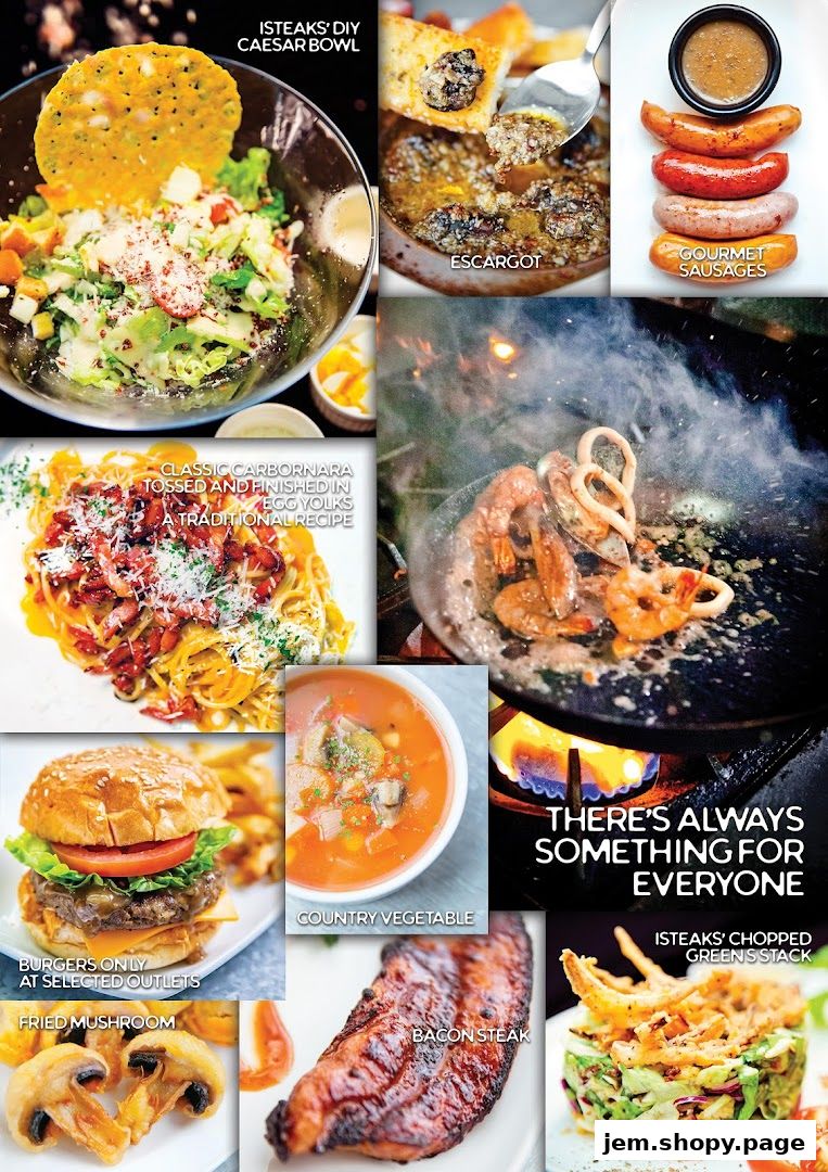 A collage of various dishes offered at iSTEAKS, including salads, pasta, burgers, and steaks.