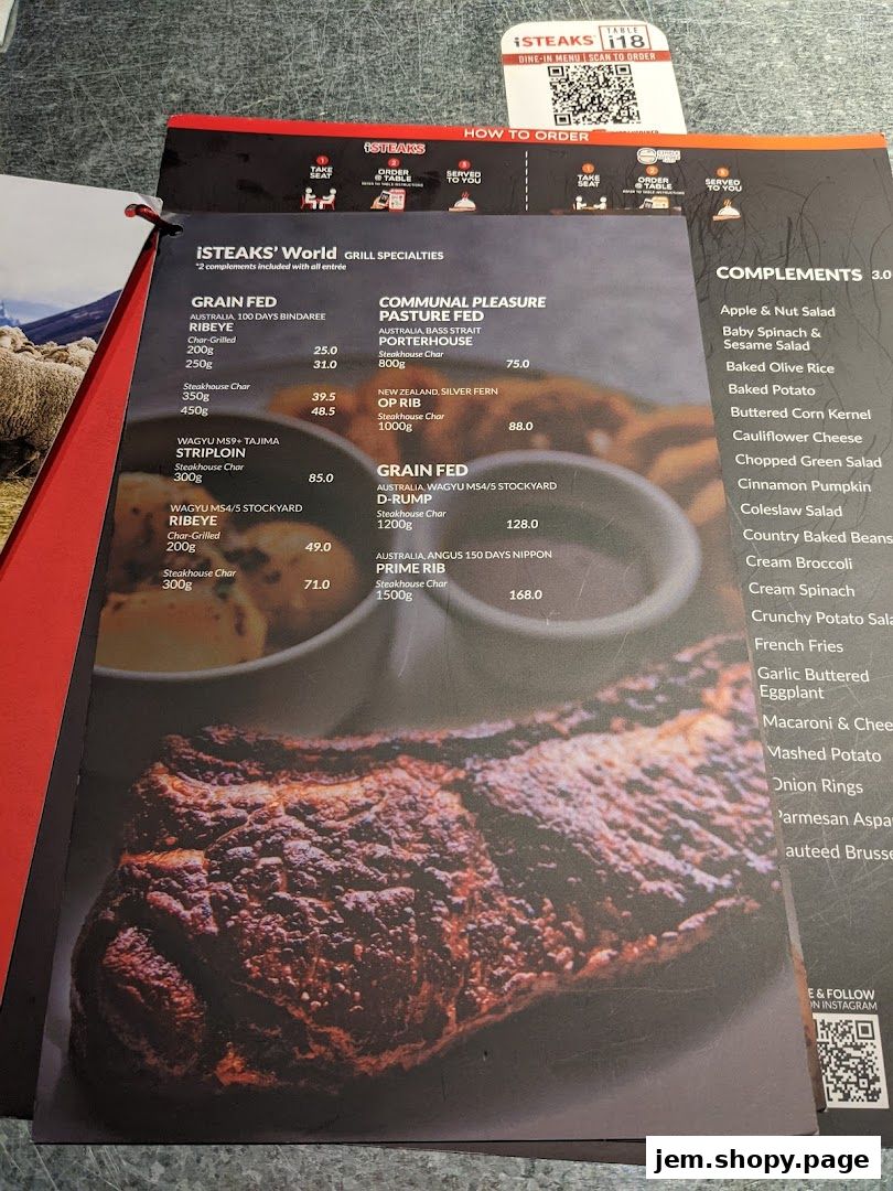 A menu from iSTEAKS' World Grill Specialties featuring various steak cuts and complements.