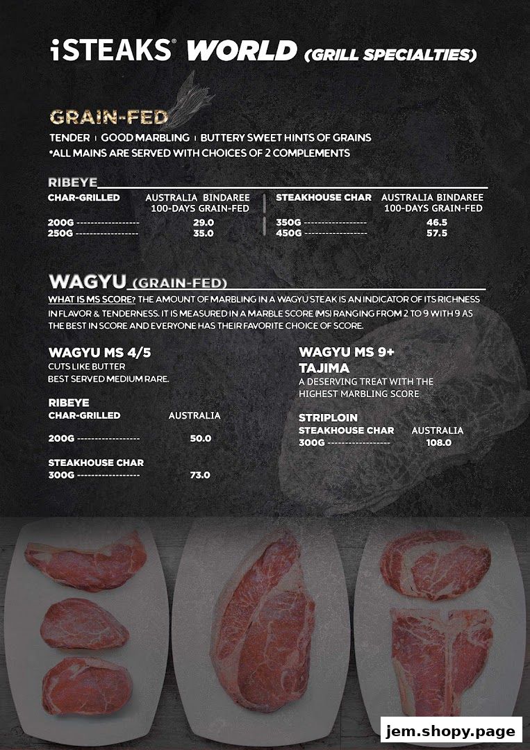A menu from iSTEAKS WORLD showcasing grain-fed and wagyu steaks with prices.