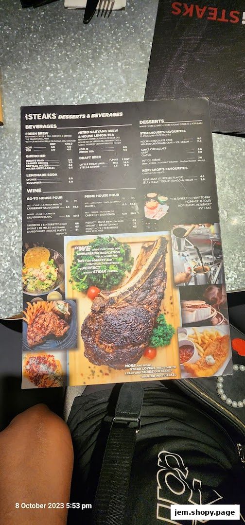A menu from iSTEAKS featuring desserts, beverages, and prime house pour options.