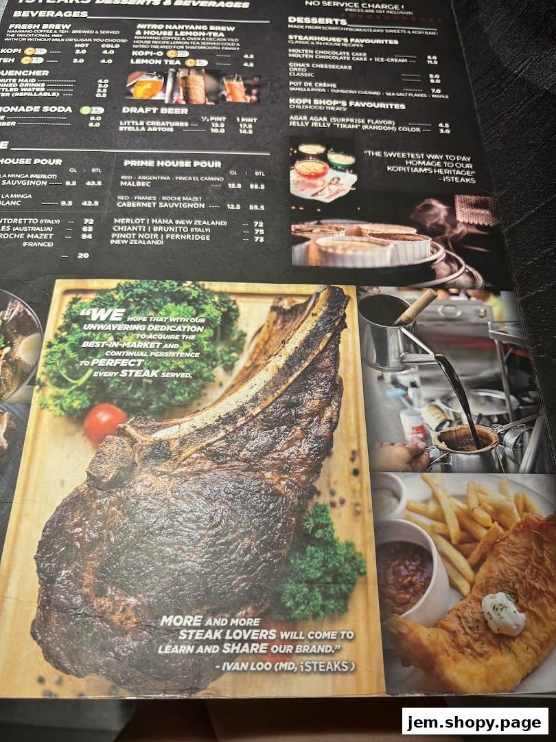 A menu from iSTEAKS featuring steaks, desserts, beverages, and wine selections.