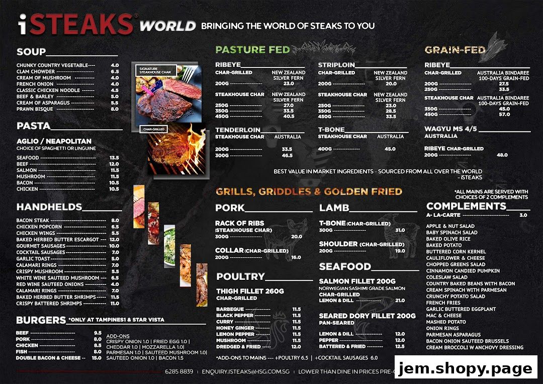 A menu for iSTEAKS featuring various steak cuts, pasta, handhelds, burgers, and sides.