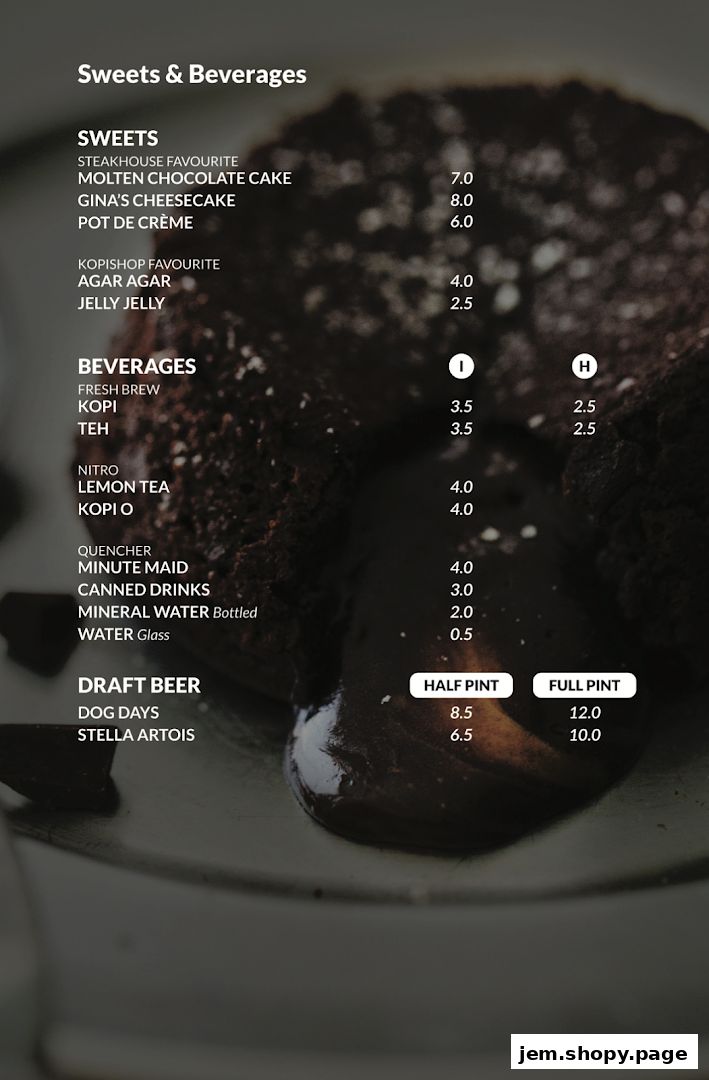 A menu for iSTEAKS Jem featuring sweets, beverages, and draft beer with prices.