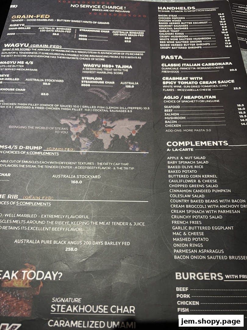 A menu from iSTEAKS Jem featuring various steak cuts, handhelds, pasta, and complements.
