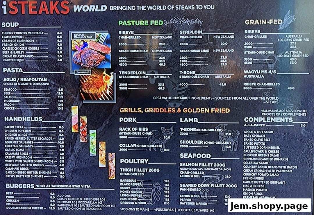 A digital menu board for iSTEAKS WORLD, showcasing various steak cuts, pasta, sides, and burgers.