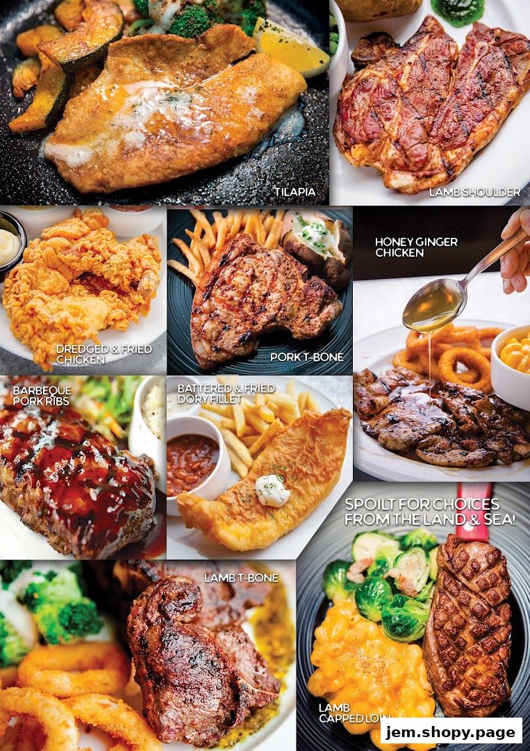A collage of various delicious meat and fish dishes, showcasing diverse culinary offerings.