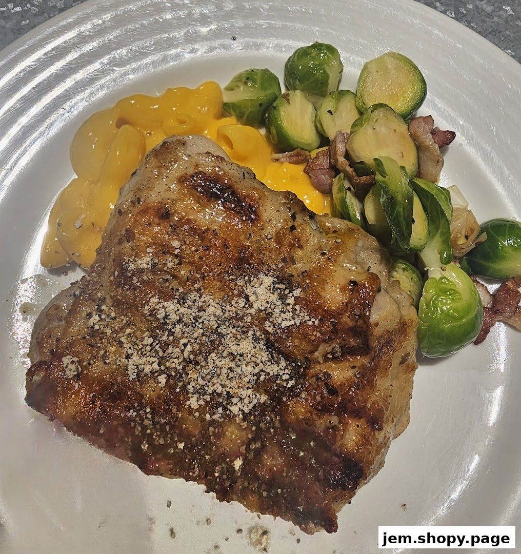 A juicy steak served with mac and cheese and Brussels sprouts.