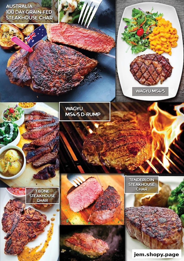 Collage of various premium steak cuts, including Wagyu and T-bone, prepared with char.