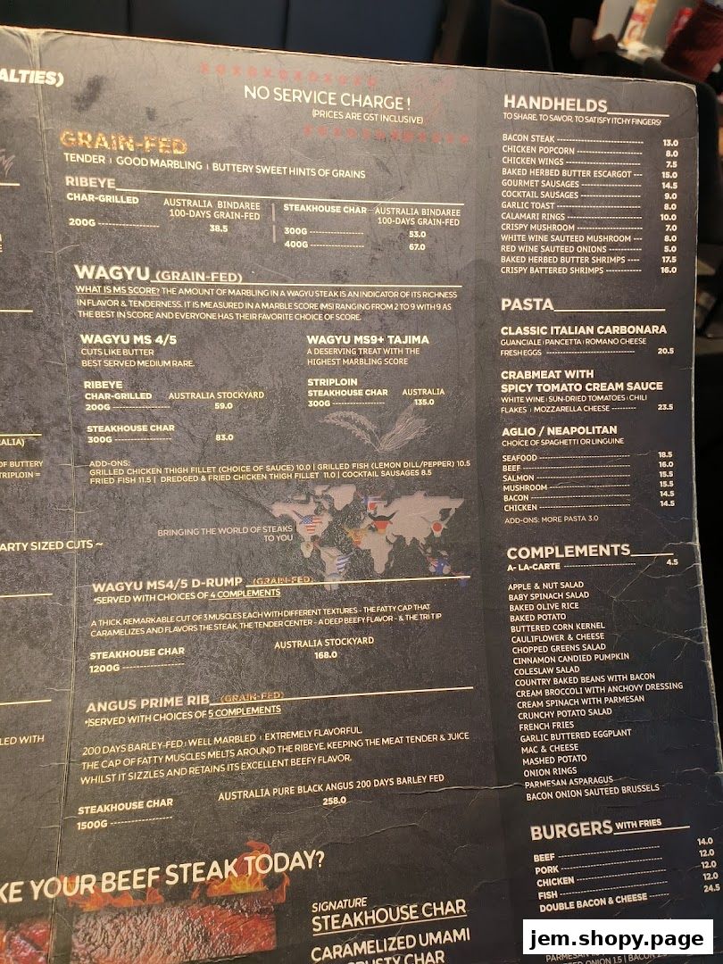 A menu from iSTEAKS Jem featuring grain-fed and Wagyu steaks, pasta, handhelds, burgers, and complements.