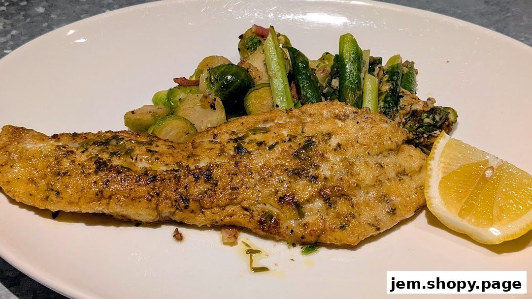 A perfectly cooked fish fillet served with roasted Brussels sprouts, asparagus, and a lemon wedge.