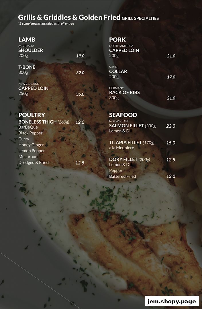 A menu showcasing grilled and fried specialties with categories like Lamb, Pork, Poultry, and Seafood.