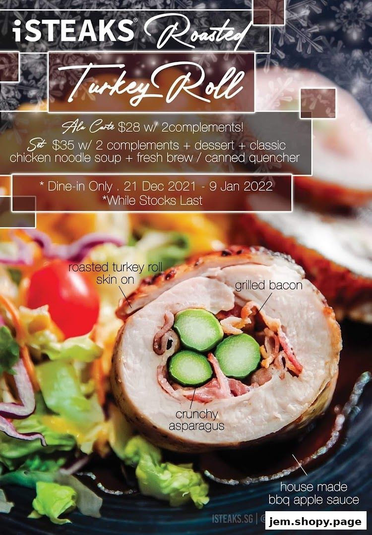 A close-up of a roasted turkey roll with asparagus and bacon, served with salad and sauce.