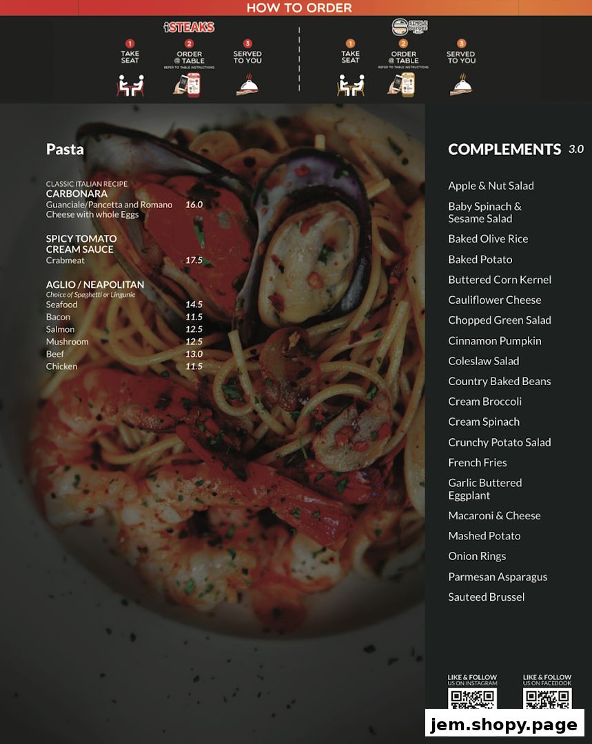 A menu from iSTEAKS Jem featuring pasta dishes and various complements.
