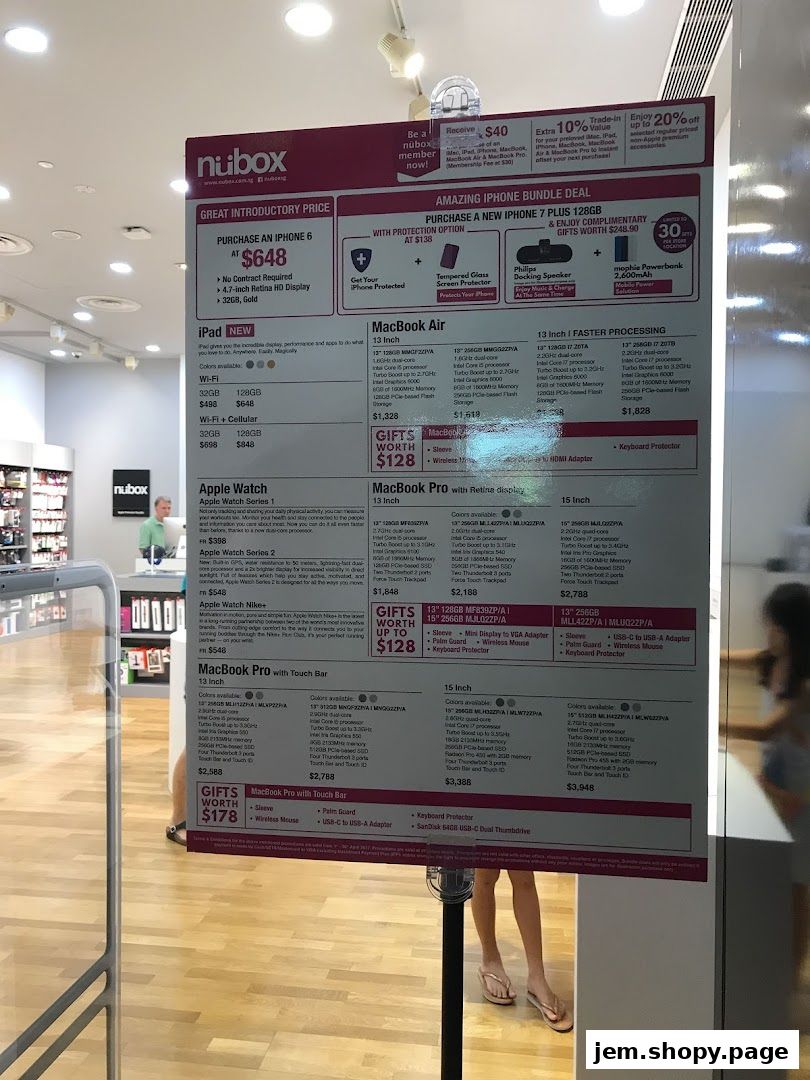 A price list for Apple products including iPhones, iPads, MacBooks, and Apple Watches.