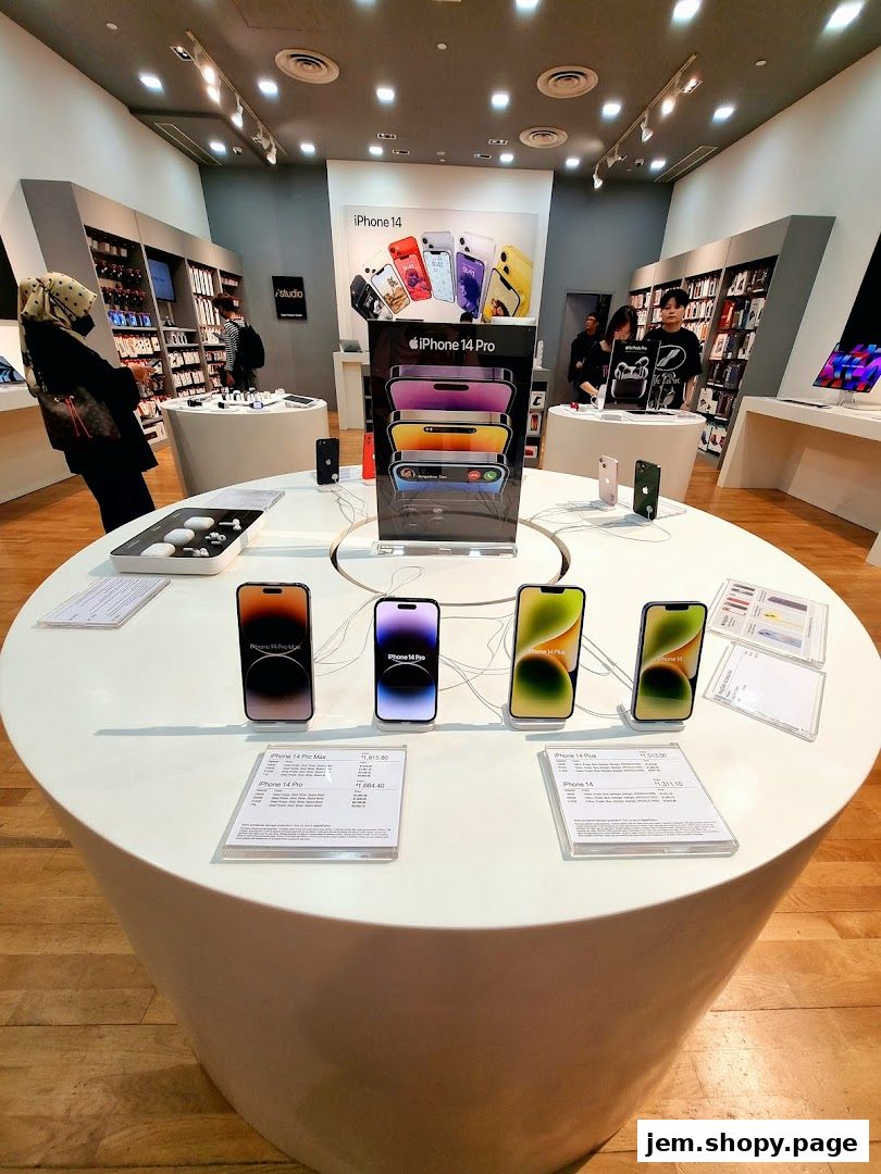 Interior of an iStudio shop showcasing iPhone 14 models and accessories.