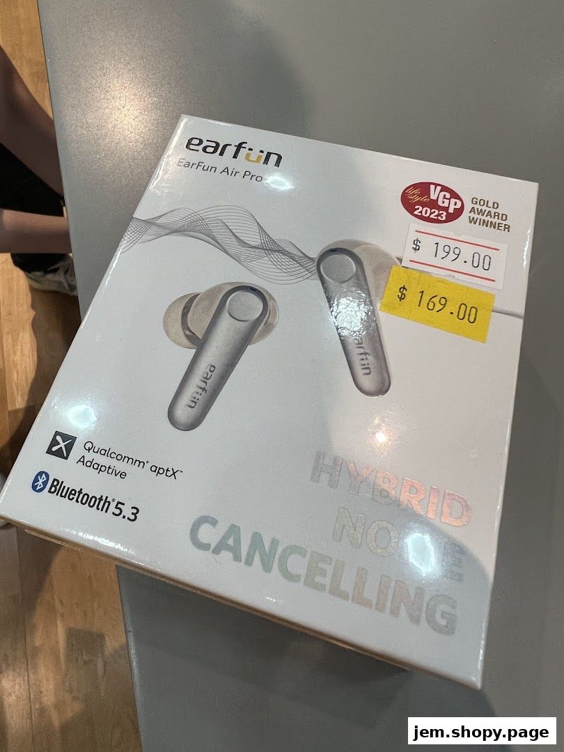 Box of EarFun Air Pro earbuds with VGP 2023 Gold Award winner sticker.