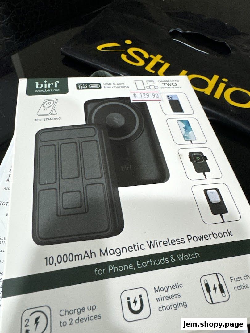 A box for a 10,000mAh magnetic wireless powerbank from Birf, priced at $129.90.