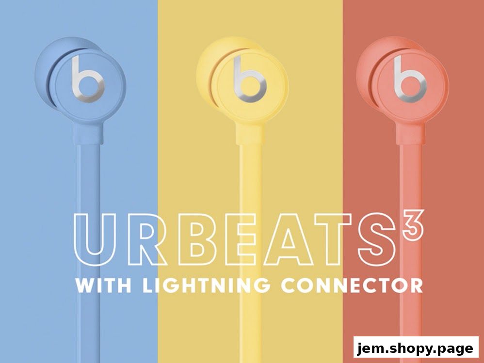 Three colorful Beats urBeats3 earphones with lightning connector displayed.