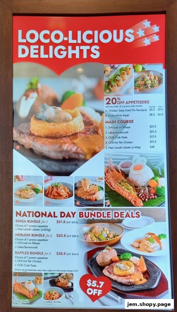 A menu board showcasing 'Loco-Licious Delights' with main courses and bundle deals.