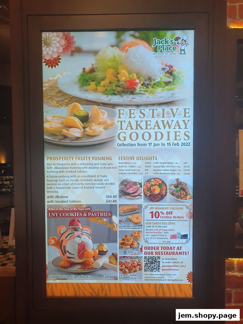 A digital menu board for Jack's Place showcasing festive takeaway goodies and festive delights.
