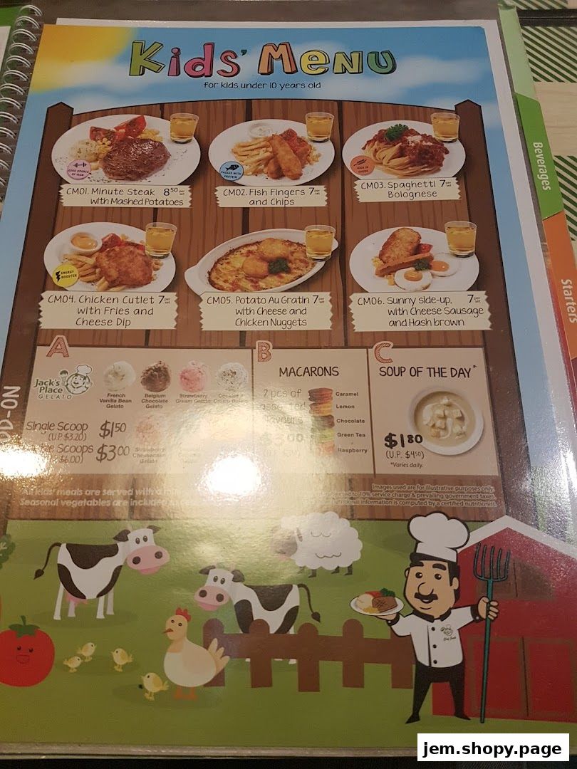 A kids' menu from Jack's Place featuring various meal options and desserts.