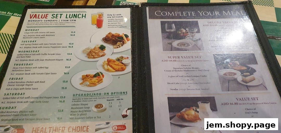 A menu from Jack's Place JEM featuring value set lunches and meal upgrade options.