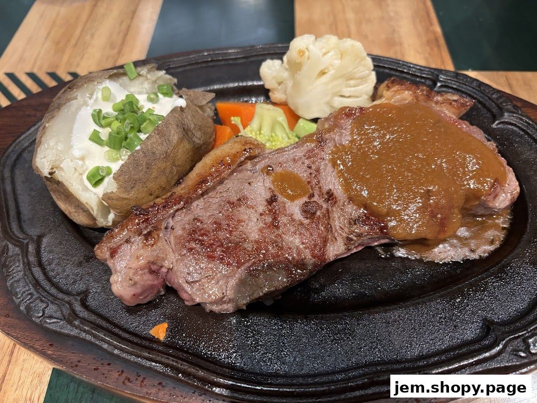 A juicy steak served with a baked potato and steamed vegetables on a cast iron plate.