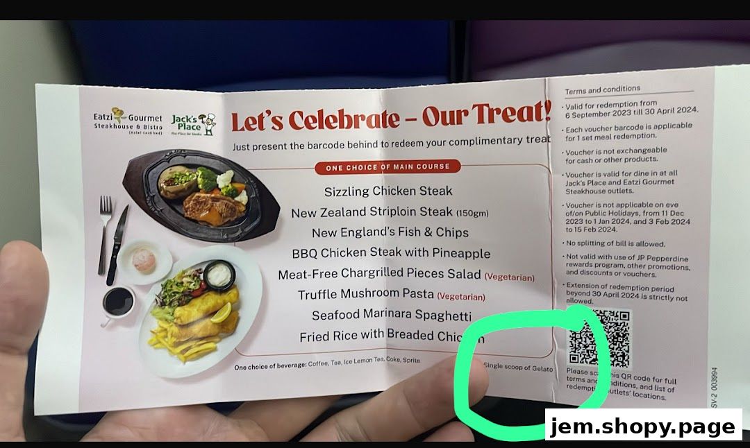 A voucher from Jack's Place offering a choice of main course and beverage.