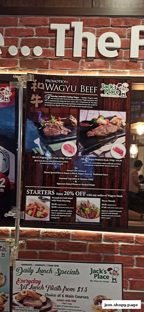 A promotional poster for Jack's Place featuring Wagyu Beef and daily lunch specials.