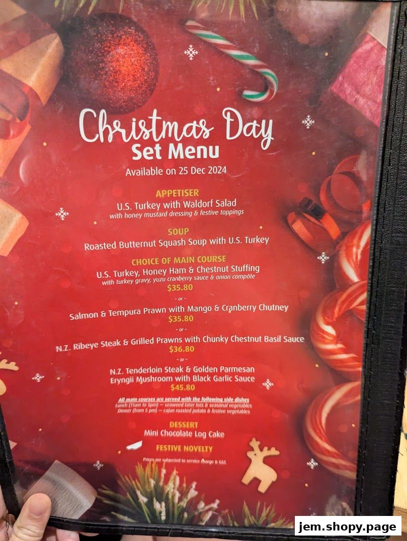 A Christmas Day set menu with various main course options and dessert.