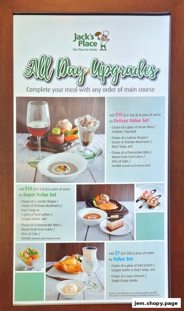 A menu board for Jack's Place offering 'All Day Upgrades' with different set options.
