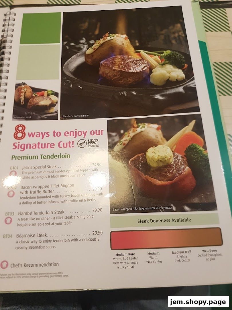 A menu page showcasing premium tenderloin steaks with descriptions and prices.