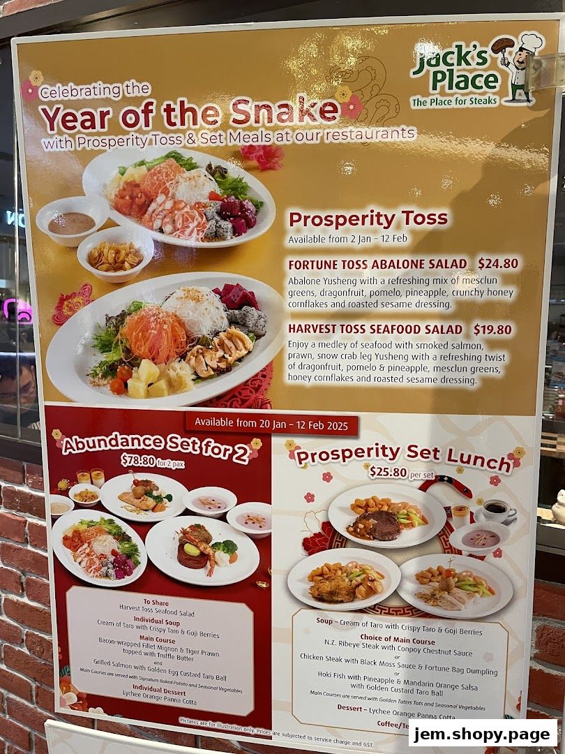 A menu board for Jack's Place celebrating the Year of the Snake with special set meals.