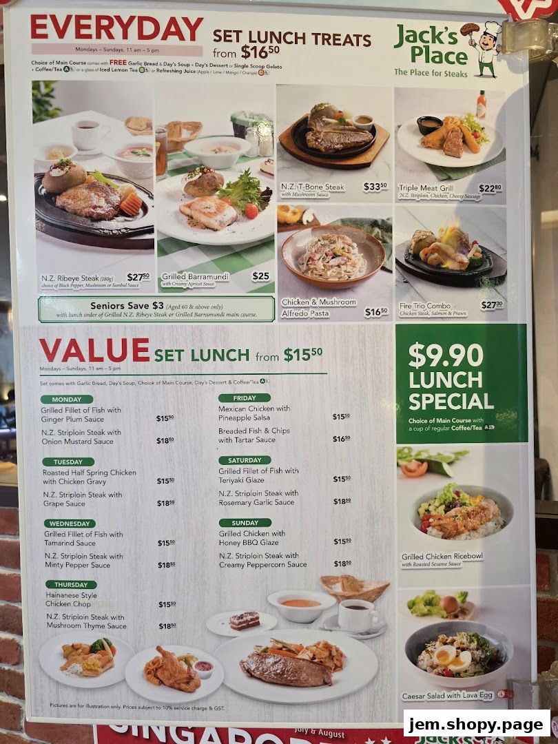 A menu from Jack's Place featuring set lunch treats and value set lunches with various main courses.