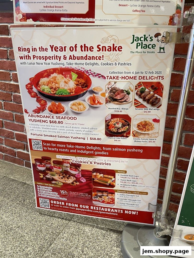 A promotional poster for Jack's Place featuring Lunar New Year specials including Yusheng, roasts, and pastries.
