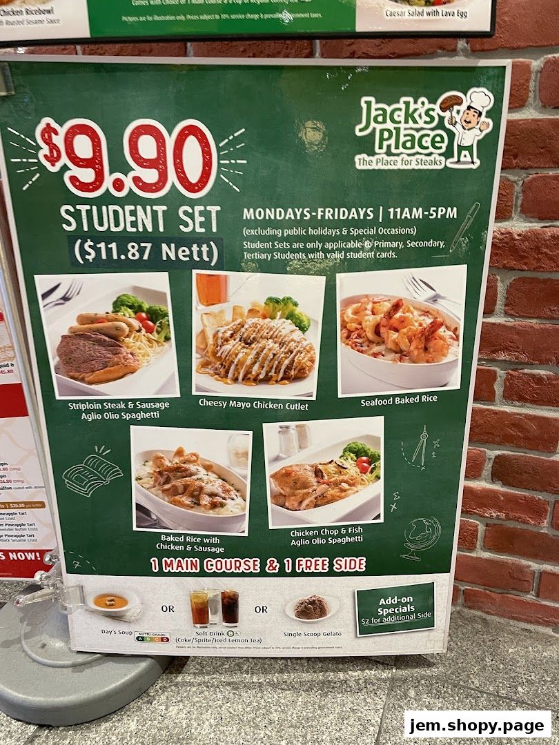 A promotional poster for Jack's Place Student Set menu with various meal options.