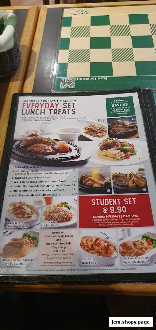 A menu from Jack's Place featuring everyday set lunch treats and student specials.