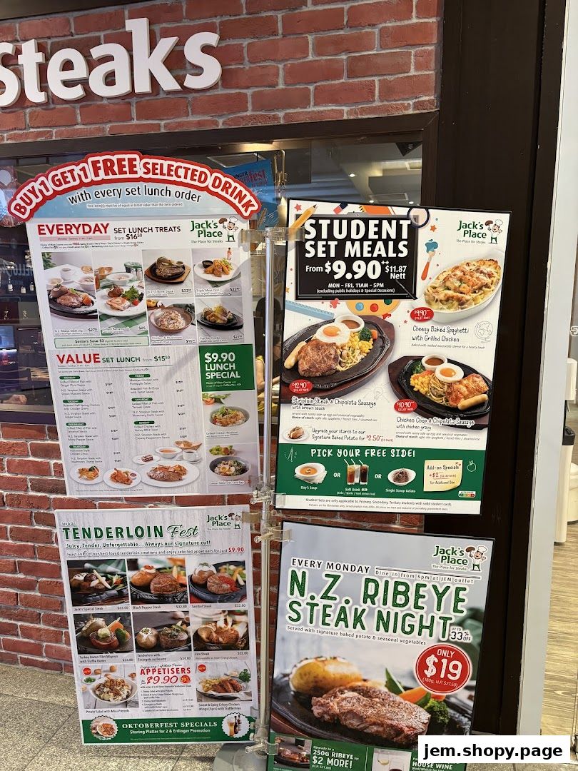 Promotional posters for Jack's Place restaurant, showcasing set meals and steak specials.