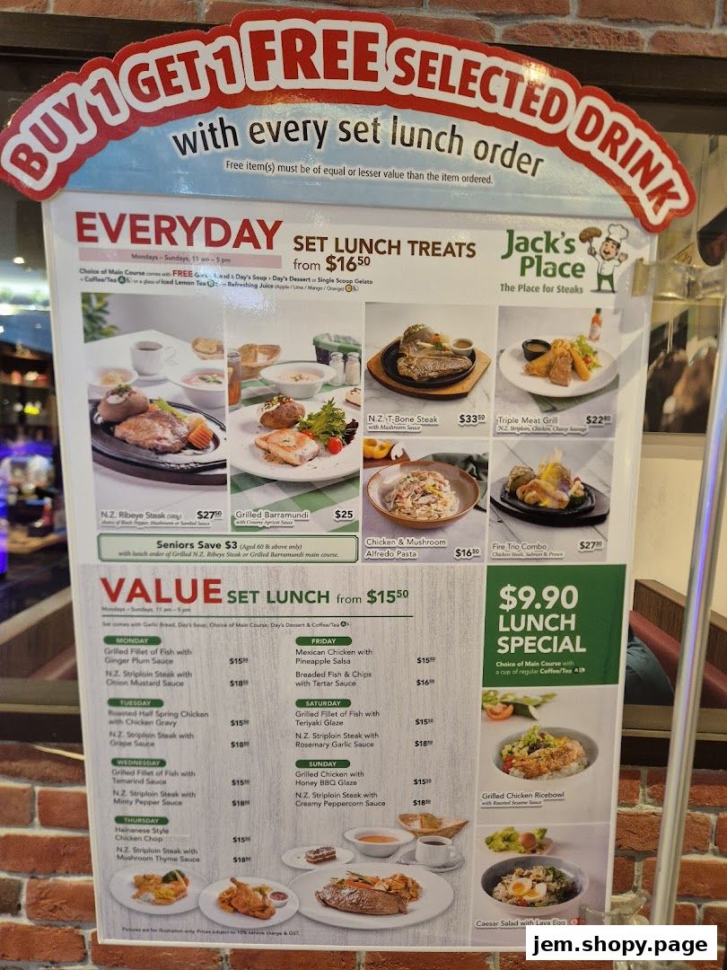 A menu board for Jack's Place featuring set lunch deals and a buy one get one free drink offer.