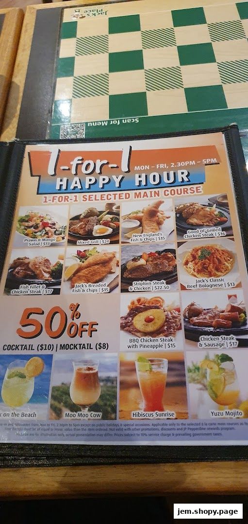 A menu featuring a 1-for-1 happy hour promotion on selected main courses and 50% off cocktails and mocktails.