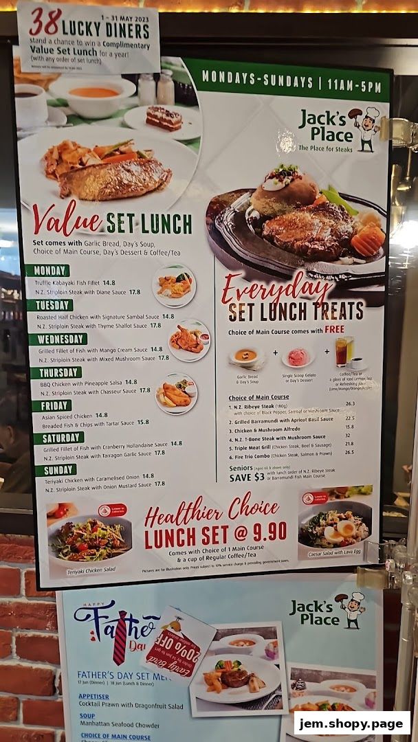 A menu board for Jack's Place featuring set lunch deals and a Father's Day special.