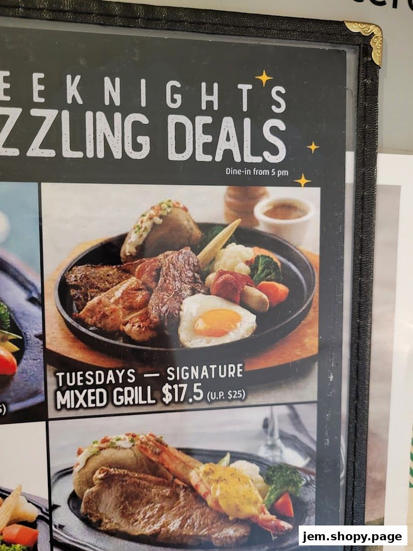 A menu board showcasing sizzling deals with images of grilled food items.